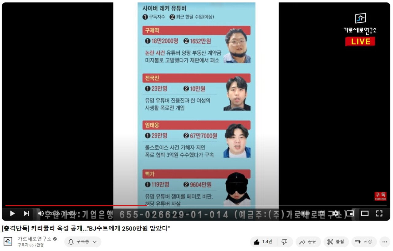 렉카 유튜버 월수익 추정치