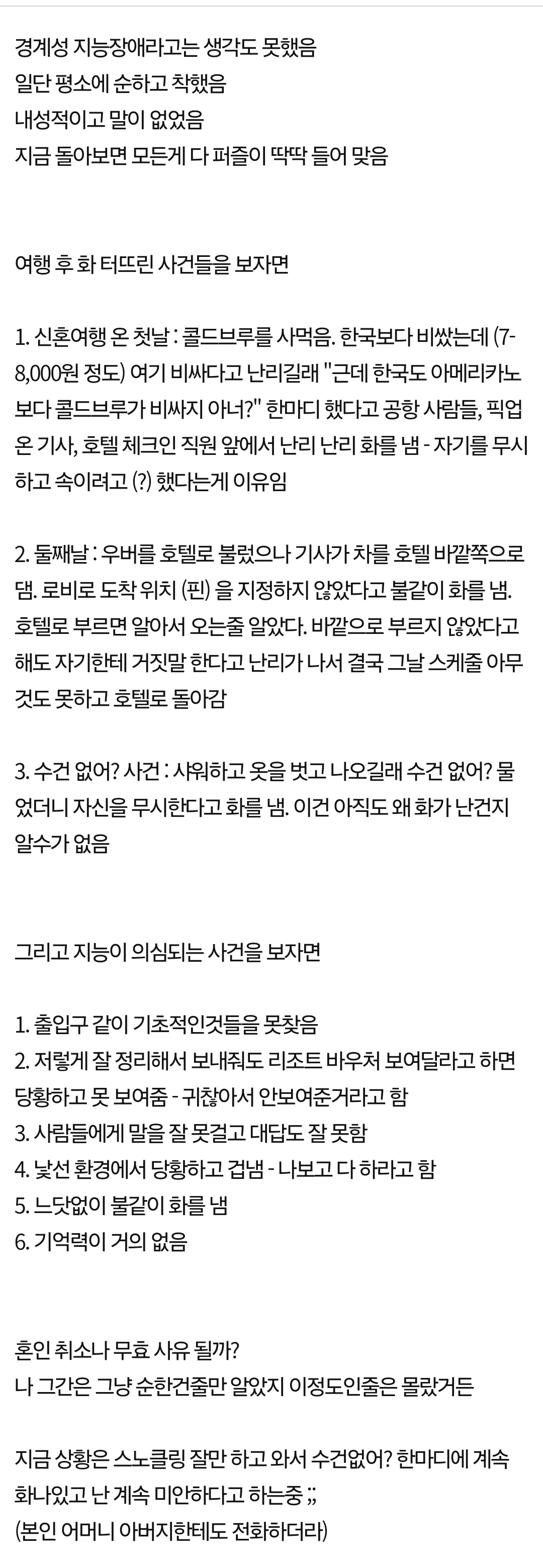 신혼여행 중인데 남편이 경계선 지능인것 같다.