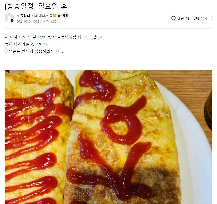 한동숙 경기장 사진 찍힌 날에 휴방한 여캠
