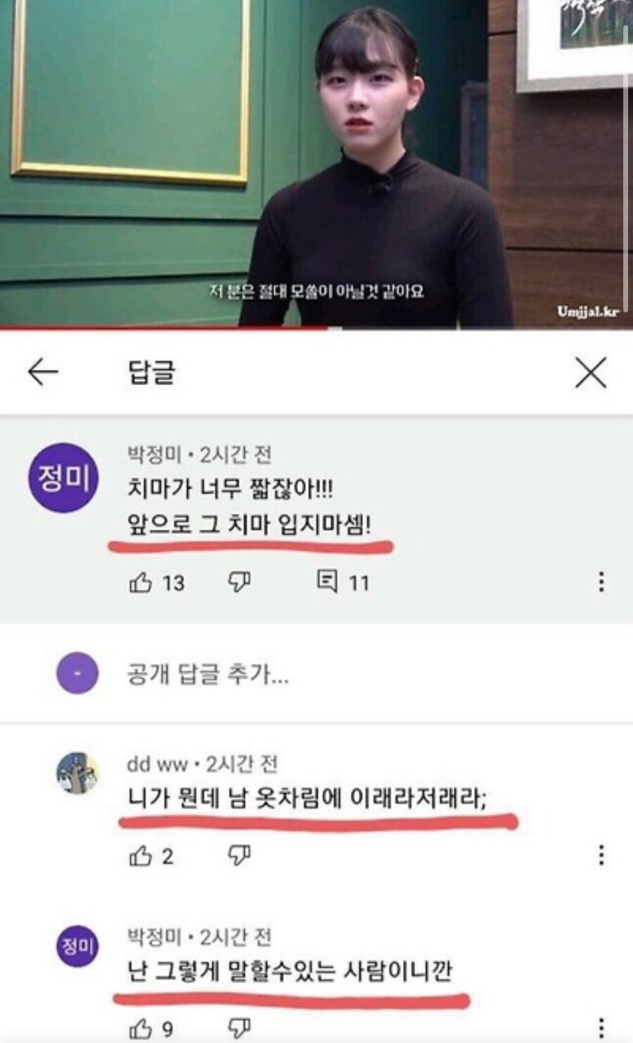 치마 짧게 입지말라는 유튜브 댓글