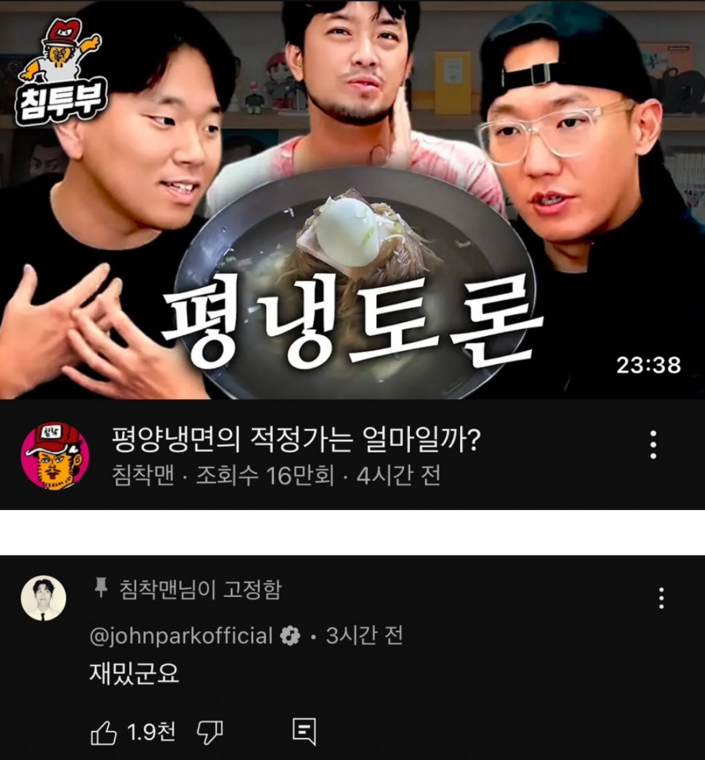 침착맨 유튜브 평냉토론 댓글에 나타난 평냉좌